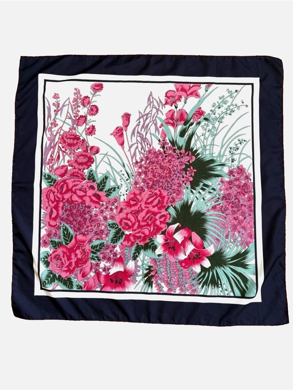 Floral Square Scarf Pink Navy Botanical Polyester 27 x 27 Rose Hydrangea Lily